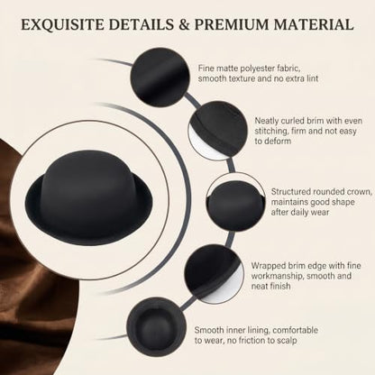 Rolled Brim Bowler Hat Soft Cotton Felt Round Hat Black