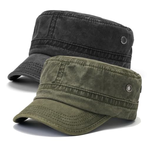 2 Pack Military Caps for Men Women, Washed Cotton Cadet Army Hats - color: Army Green+black