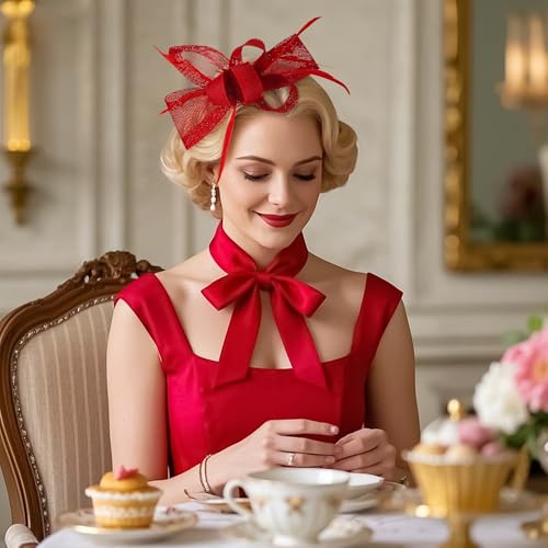 Zinniday Victoria Tea Party Hat - 2025 Bow Derby Attire Hats with Hairpin,1920s 50s Feather Fascinators for Women - color: Red
