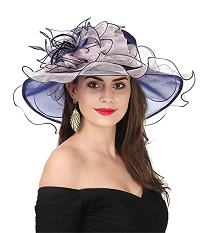 SAFERIN Women's Organza Church Fascinator Bridal Tea Party Wedding Hat - color: 2867-navy and Pink