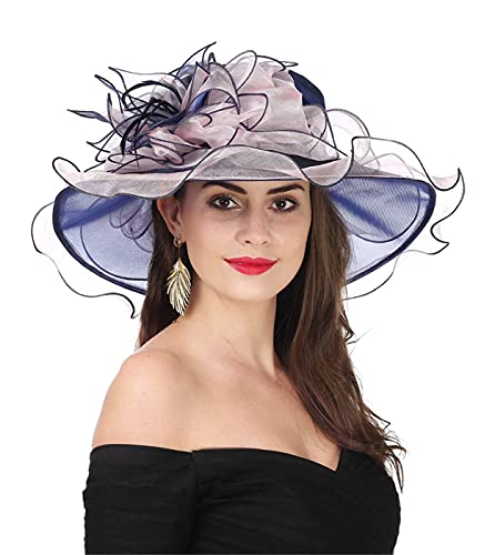 SAFERIN Women's Organza Church Fascinator Bridal Tea Party Wedding Hat - color: 2867-navy and Pink