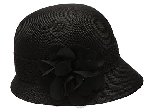 Women's Gatsby Linen Cloche Hat with Lace Band and Flower - color: Black