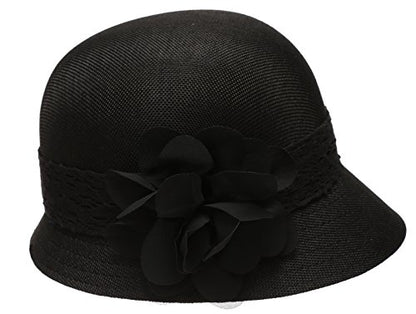 Women's Gatsby Linen Cloche Hat with Lace Band and Flower - color: Black