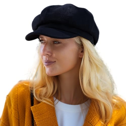 Comhats Women's Wool Winter Warm Newsboy Hats, Fashion Pageboy Beret Cap - color: 67145_black(satin Lined) a, size: Large