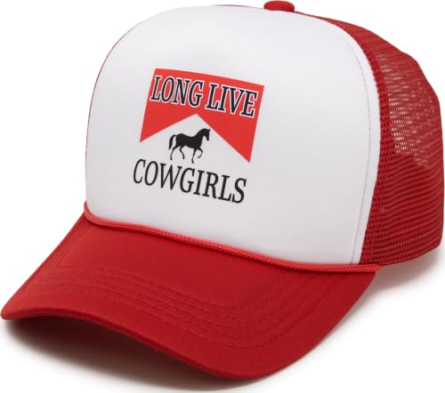 Funky Junque Premium Mesh Snapback Trucker Hat - Stylish Comfort for All - Patriotic, Humor & More - color: Long Live Cowgirls - White/Red