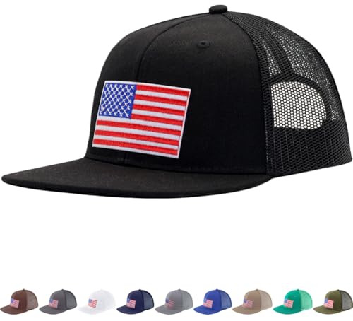 Men Flat Bill USA Flag Mesh Hat Fits OSFM&XXL Head | Snapback Trucker Cap | 250th US Anniversary Veterans Memorial Day Gifts - color: Black, size: Medium-Large