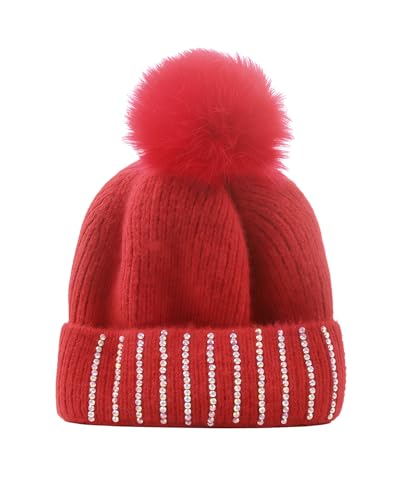 Women Girls Winter Sequin Beanie Hat with Faux Fur Pom Pom Knit Skull Cap - color: Glitter-red