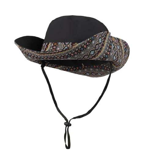 Womens Wide Brim Floral Summer Sun Hat UPF 50+ Ethnic Style Foldable Floppy Sun Protection Travel Beach Bucket Hat - color: Black
