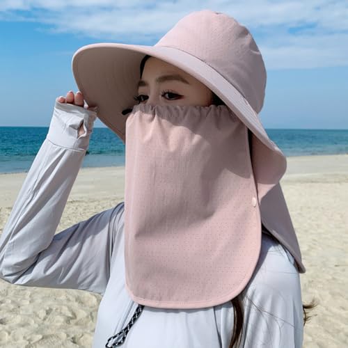 UPF 50+ 3-in-1 Sun Hat for Women, Wide Brim UV Protection Visor Hat with Detachable Neck Flap & Face Cover - color: Pink