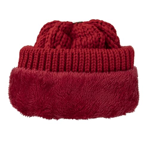 TOPTIE Slouchy Knit Beanie Hat for Women Faux Fur Pom Pom Fleece Lined - color: Red