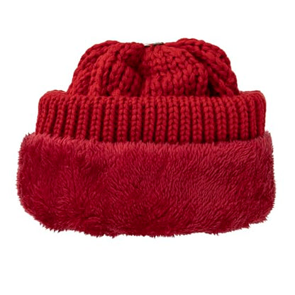 TOPTIE Slouchy Knit Beanie Hat for Women Faux Fur Pom Pom Fleece Lined - color: Red