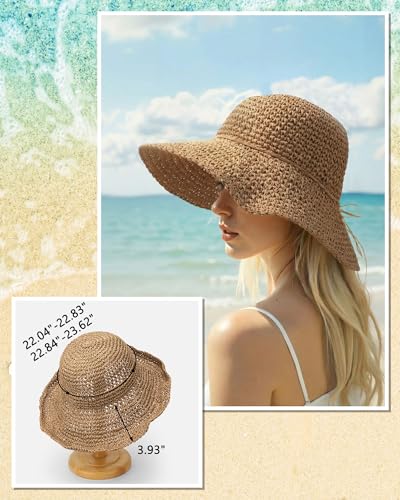 Sun Hats for Women, Summer Beach Straw Wide Brim Bucket Hat - color: Light Khaki, size: Large