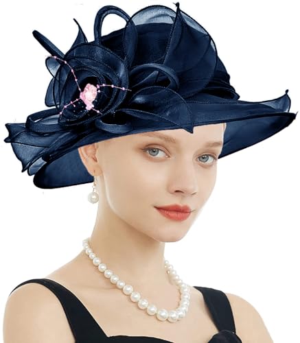 Women's Kentucky Derby Church Dress Hat Wide Brim Leaf Flower Bridal Shower Hat - color: F13 Navyblue