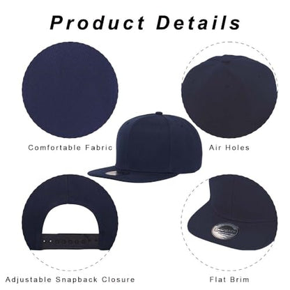 ZH Plain Flat Brim Snapback Baseball Caps Adjustable Blank Baseball Caps Wholesale 12 Pack - color: Navy Blue