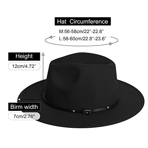 Wide Brim Fedora Hats for Women Mens Felt Fedora Hats With Belt Buckle - color: 1-all-black, size: Medium