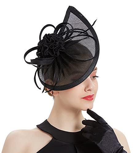 ORIDOOR Women Fascinators Derby Church Tea Party Wedding Flower Feathers Headpiece with Headband Clips - color: 21c Black