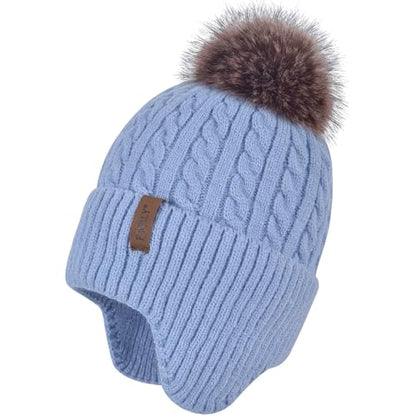 FENELY Women's Knitted Warm Beanie Winter Hat, Warm Chunky Snow Hat with Pompom - color: Blue