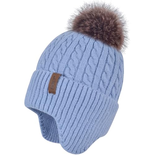 FENELY Women's Knitted Warm Beanie Winter Hat, Warm Chunky Snow Hat with Pompom - color: Blue