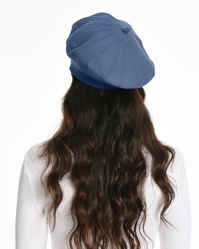 Women's Knitted Beret, French Style Double Layer Winter Autumn Warm and Soft Beanie Hat Cap - color: Z-denim Blue