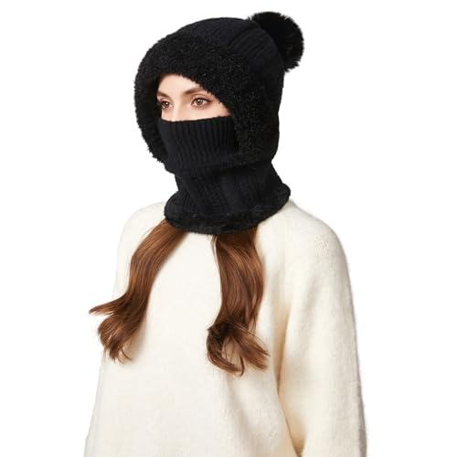 HUAMULAN Women Cable Knit Balaclavas Winter Fleece Lined Beanie Hat - color: Solid Black