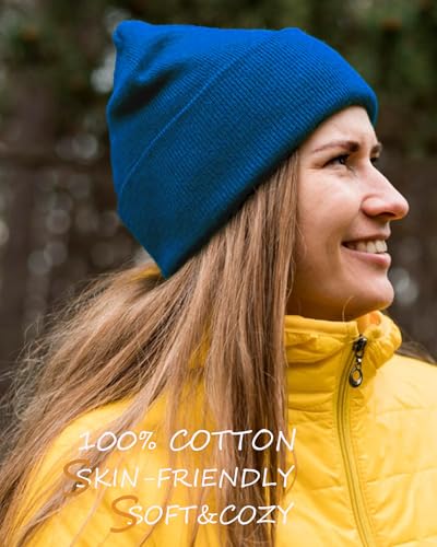 100% Cotton Beanie Lengthen Cuffed Beanies Knit Winter Hats Unisex - color: 1-blue