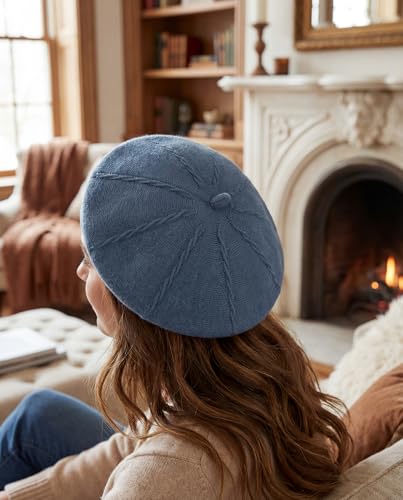 Women's Knitted Beret, French Style Double Layer Winter Autumn Warm and Soft Beanie Hat Cap - color: Denim Blue