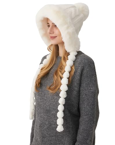 HUAMULAN Women Winter Sherpa Beanie Hats Knit Ear Flaps Fleece Lined - color: Cream White With Braids