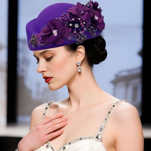 ORIDOOR Women's American and British Felt hat Church Derby Wedding Tea Party Crystal Flower Decoration Beret hat - color: 01-purple