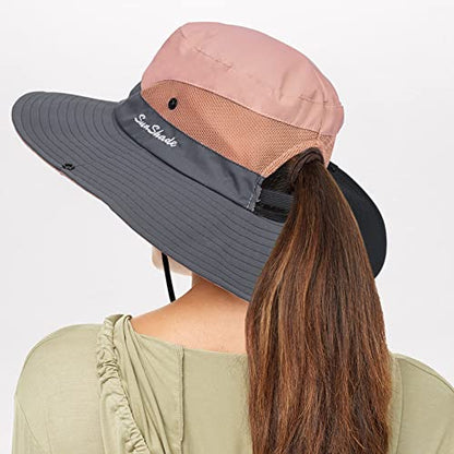 Sun Hat for Women Summer UV Protection Beach Hat with Ponytail Hole - color: Pink(with Ponytail Hole)