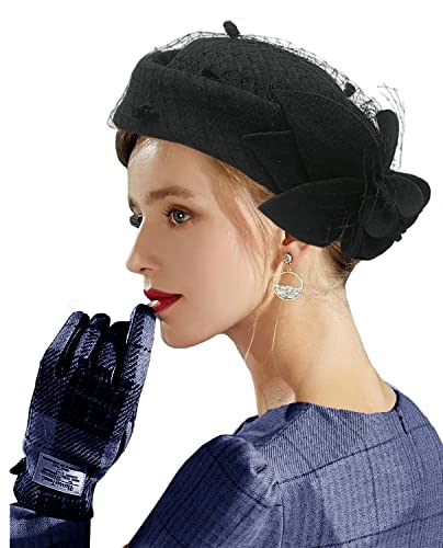 ORIDOOR Women's British Style Pillbox Church Derby Wedding Winter Vintage Fascinator Beret 100% Wool Felt Veil Hat - color: 02b-black