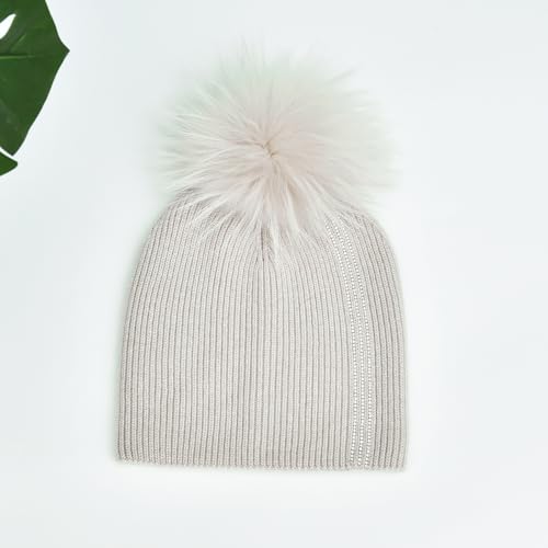 Women's Knitted Angora Wool Hat for Autumn and Winter Warm and Stylish with Rolled Brim and Slanted Rhinestones Cap - color: A-beige
