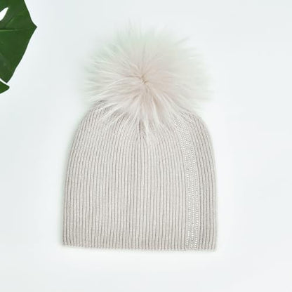 Women's Knitted Angora Wool Hat for Autumn and Winter Warm and Stylish with Rolled Brim and Slanted Rhinestones Cap - color: A-beige