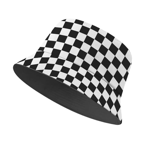 Amasnay Funny Bucket Hat Cotton Double-Side-Wear Reversible Sun Hat for Women Men, Summer Vacation Travel Beach Fisherman Hat - color: Checkered Flag
