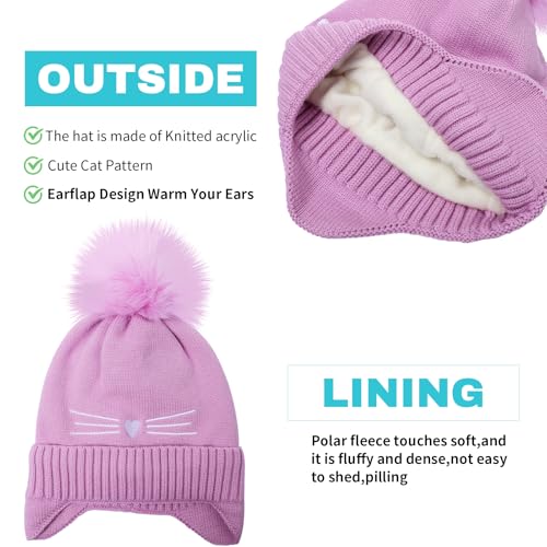 Girls Beanie Knit Hat with Ear Flaps Rainbow Cat Hats Toddler Kids Winter Outdoor Skull Snow Ski Cap Age 2-10 - color: Purple, size: 2-4T