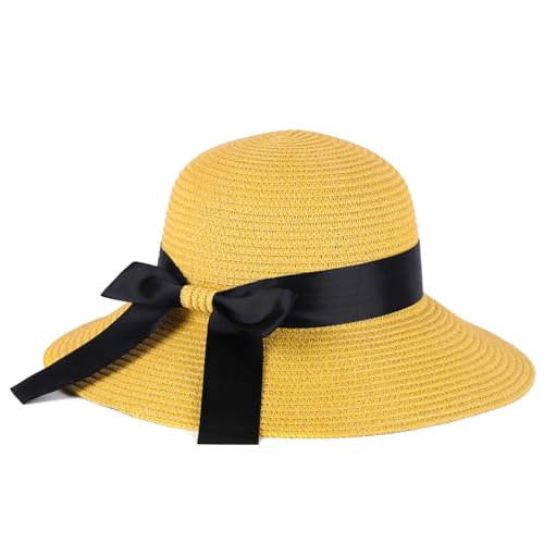 Sun Straw Hat for Women with Wind Lanyard Wide Brim Foldable Beach Summer Hats Womens UV 50+ Protection Bowknot Cap - color: Yellow