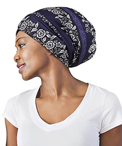 Adjustable Satin Lined Sleep Cap for Dreadlocks Curly Hair Large Head-Stay On Overnight - color: Blue Navy