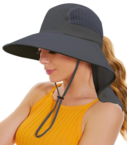 Sun Hats for Women UV Protection with Neck Flap Wide Brim Beach Hats with Ponytail Hole for Hiking Fishing Gardening Travel - color: Dark Grey