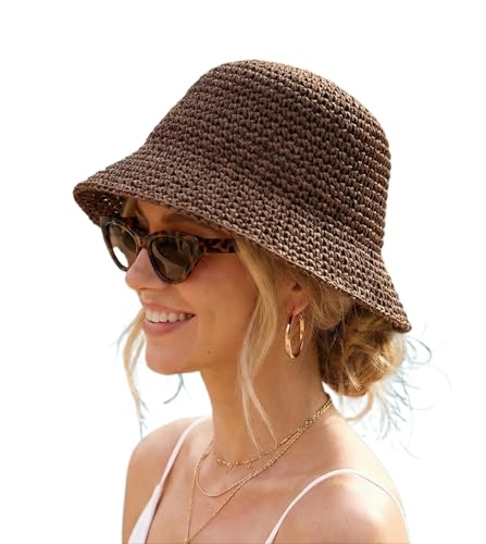 Women Straw Sun Hat Packable Foldable Floppy Wide Brim Beach Bucket Hat UV Protection Travel Vacation Accessories - color: Brown
