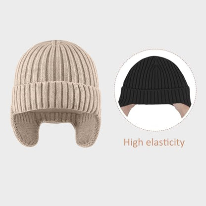 2 Pack Kids Beanie Winter Hat for 3-10 Years Cute Warm Fleece Lined with Ear Flaps for Boys and Girls - color: Black+beige