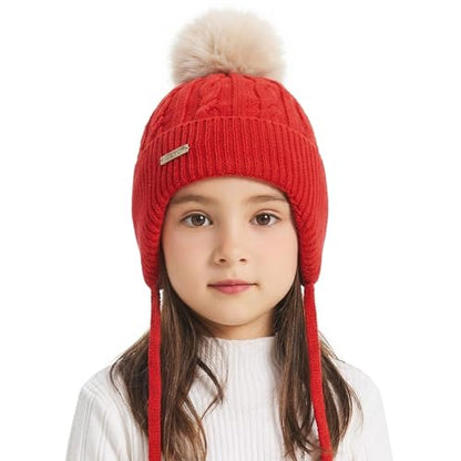 ZLYC Kids Girls Boy Winter Hat Cotton Lined Pom Pom Beanie Earflap Knit Cap - color: Solid Red