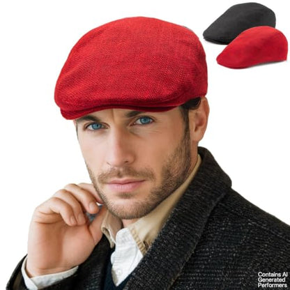 LADYBRO 2-Pack Unisex Flat Cap Newsboy Hats for Men Women Casual Adjustable - color: Black+red