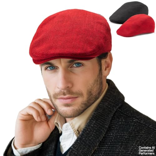 LADYBRO 2-Pack Unisex Flat Cap Newsboy Hats for Men Women Casual Adjustable - color: Black+red