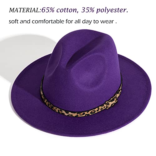 Women's Wide Brim Felt Fedora Panama Hat with Leopard - color: Purple