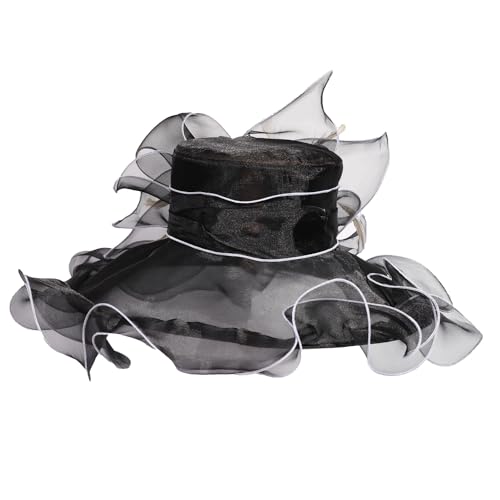 Women Oganza Sun Hat Church Wide Brim Wedding Formal Fascinator Hat - color: Black & White