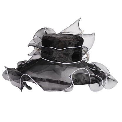Women Oganza Sun Hat Church Wide Brim Wedding Formal Fascinator Hat - color: Black & White
