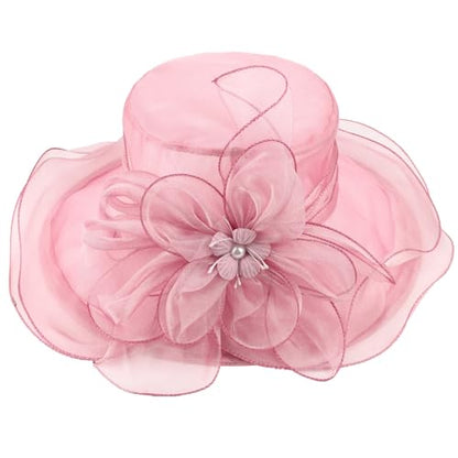 AQOKKA Women Organza Church Fascinators Kentucky Derby Hats for Women and Girls Wedding Flower Tea Party Hat with Wide Brim - color: Simulated Flower : Light Pink