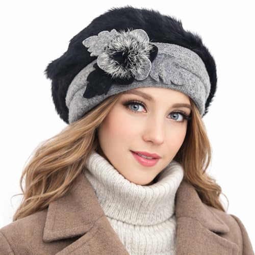 VECRY Women's 100% Wool Bucket Hat Felt Cloche Beret Dress Winter Beanie Hats - color: Angola Black