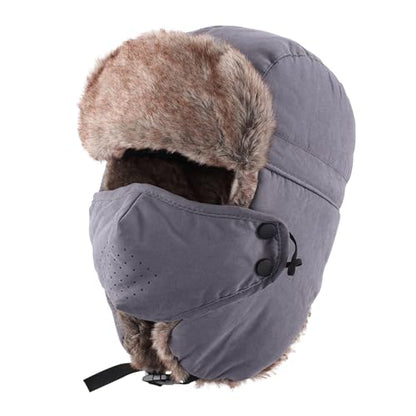 Home Prefer Mens Warm Faux Fur Trooper Trapper Hat Outdoor Reflective Winter Hunting Hat with Ear Flaps Face Mask - color: Grey