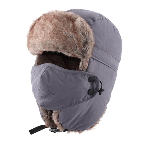 Home Prefer Mens Warm Faux Fur Trooper Trapper Hat Outdoor Reflective Winter Hunting Hat with Ear Flaps Face Mask - color: Grey