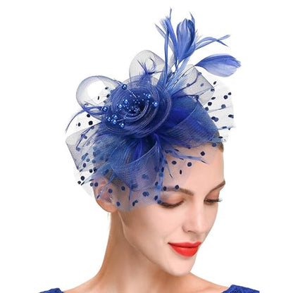 JUNBESTN Fascinators Hat Tea Party Headwear for Women Flower Mesh Feathers Headband - color: Blue